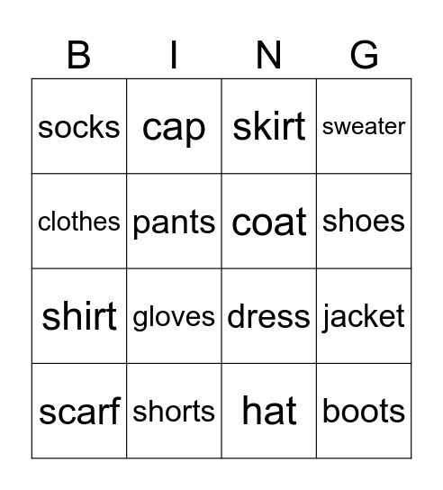 Clothes in English Bingo Card