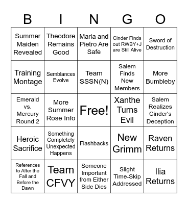 RWBY Volume 10 Bingo Remake Bingo Card
