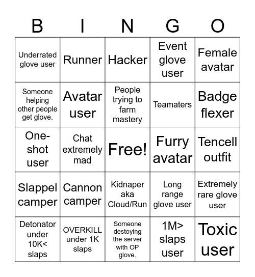Slap Battles Bingo Card