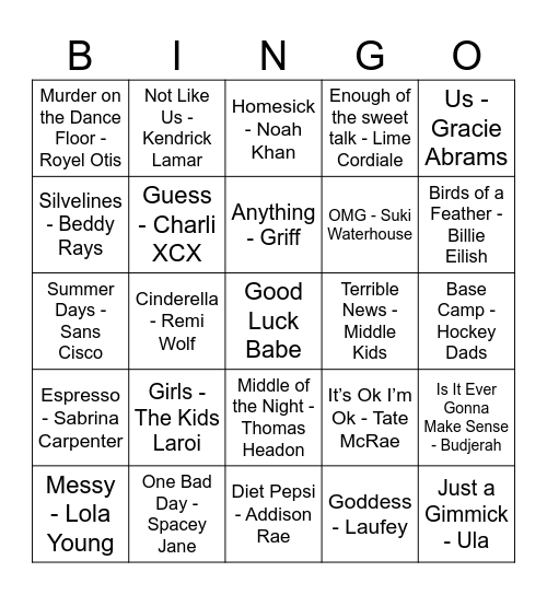 Hottest 100 Bingo Card