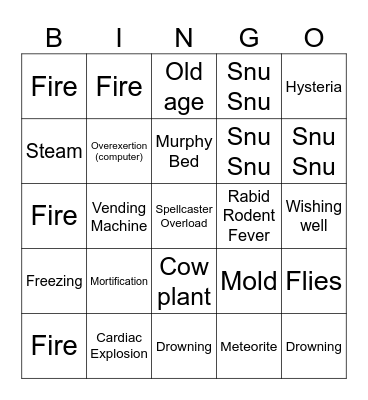 Sim Death Bingo Card