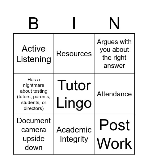Tutor Bingo Card