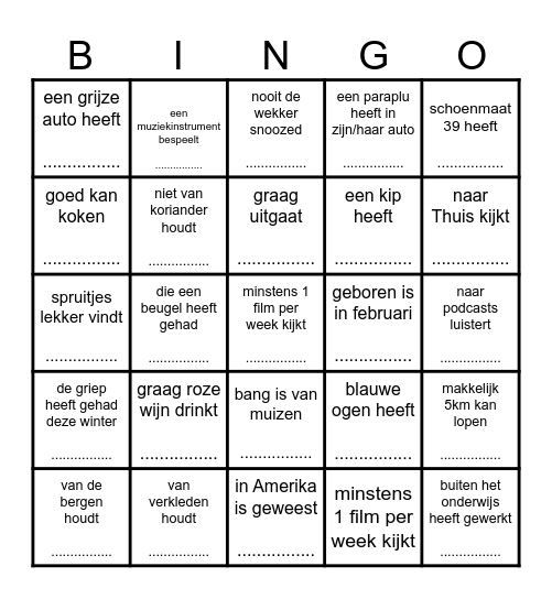 Zoek iemand die... Bingo Card