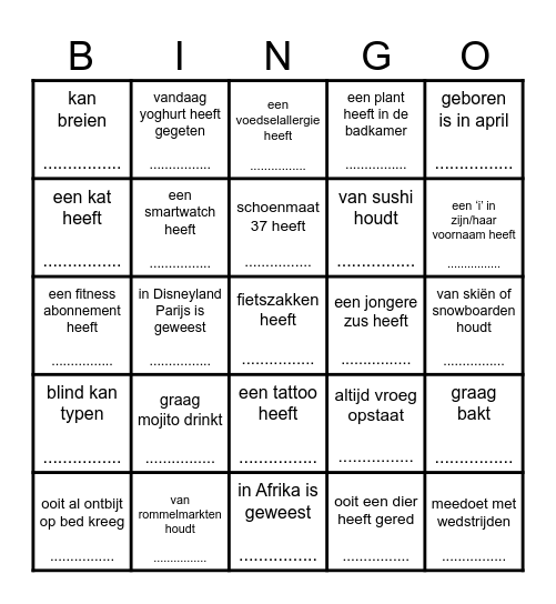 Zoek iemand die... Bingo Card