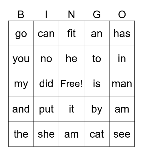 Sight Word Bingo Card