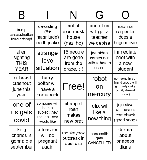 EMILY + FELIX 2025 PREDICTIONS Bingo Card