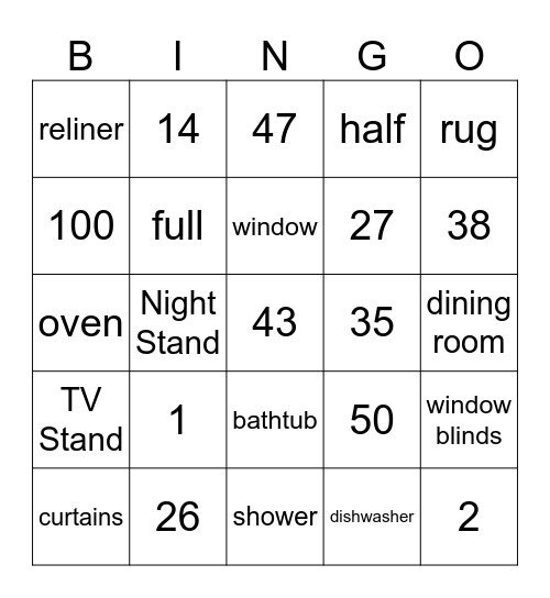 Furniture Bingo Card