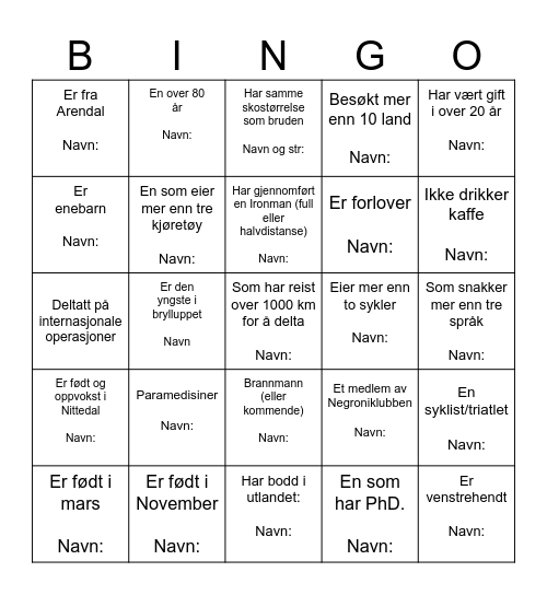E&H sin BryllupsBingo Card