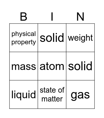 5th Grade Properties of Matter Bingo Card