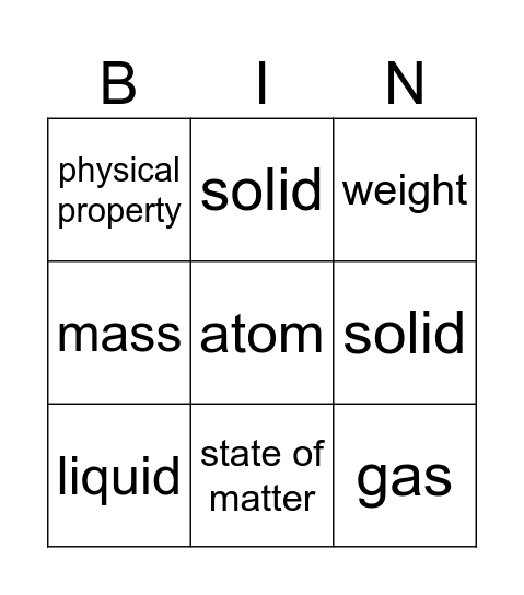 5th Grade Properties of Matter Bingo Card