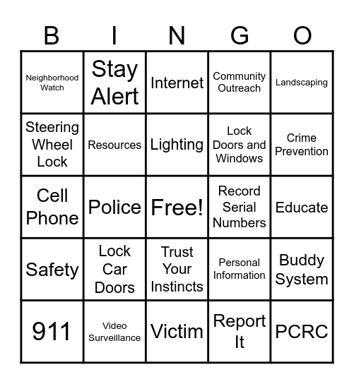 Crime Prevention Bingo Card