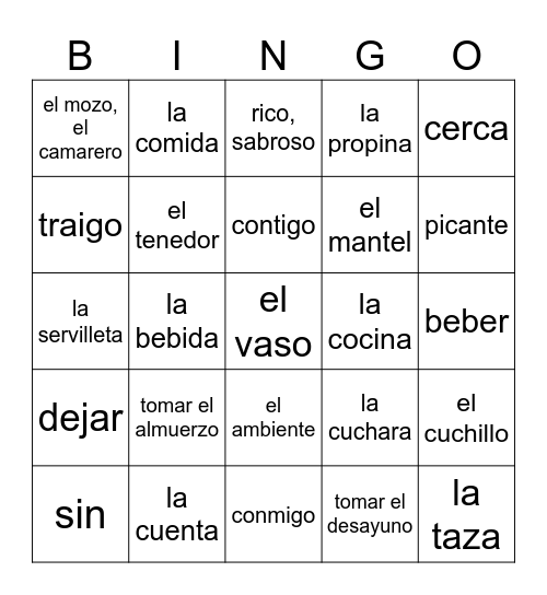 El restaurante- lado 1 Bingo Card
