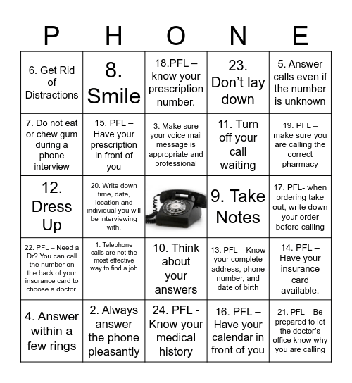 Telephonic Communication Bingo Card
