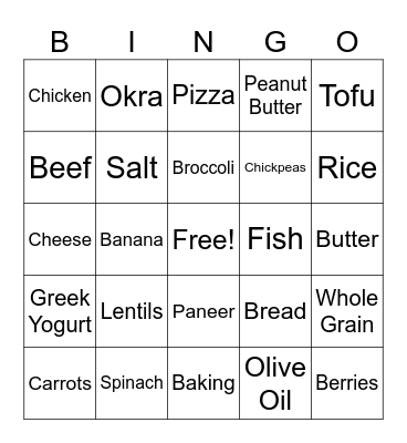 Nutrition Bingo Card