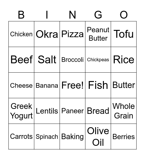 Nutrition Bingo Card