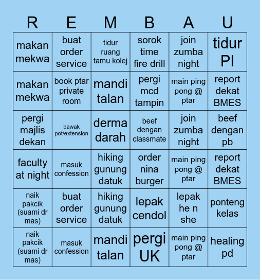 rembau experience Bingo Card