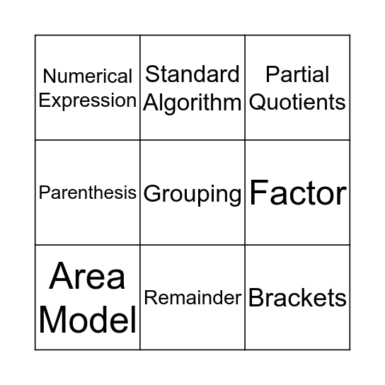 Math Vocabulary Bingo Card