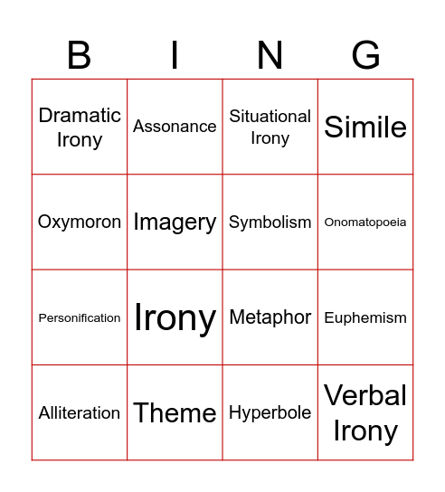 Literary Devices Bingo Card