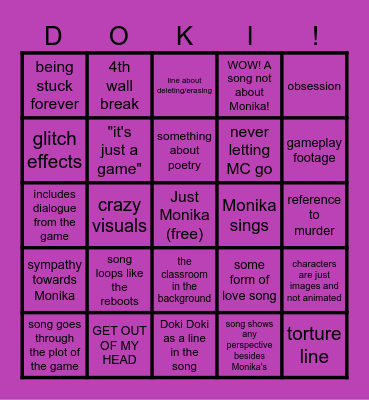 DDLC SONGS BINGO Card