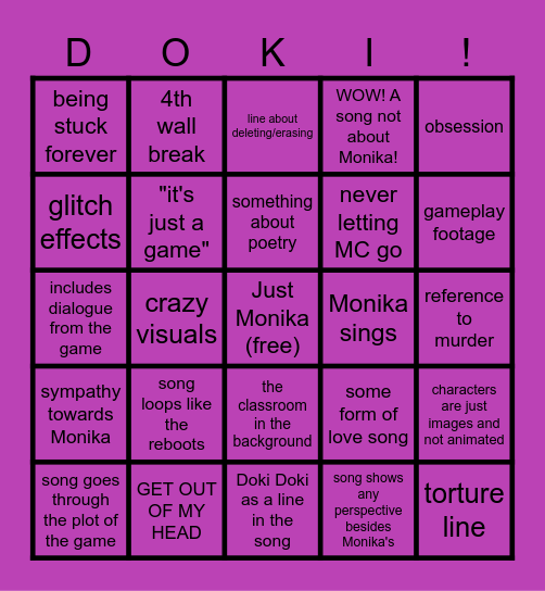 DDLC SONGS BINGO Card