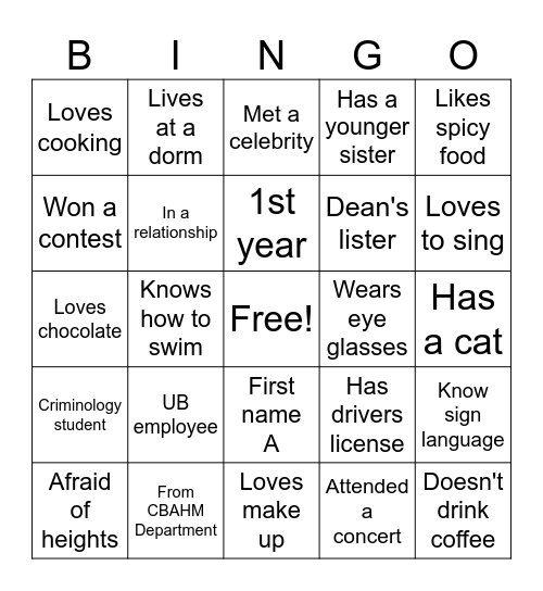 H  U  M  A  N Bingo Card
