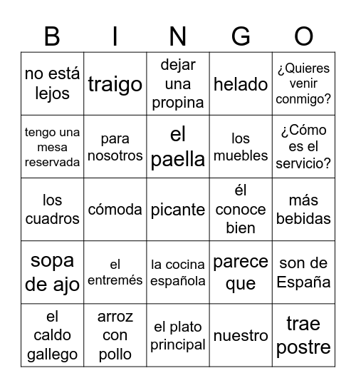 El restaurante - lado 2 Bingo Card
