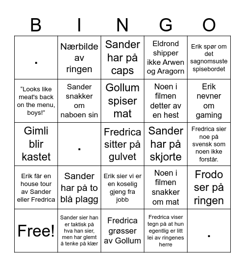 Bingo Baggins - Two Towers Bingo Card