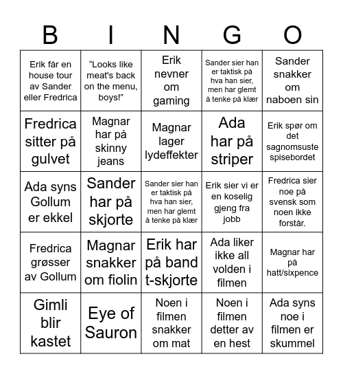 Bingo Baggins - Two Towers Bingo Card