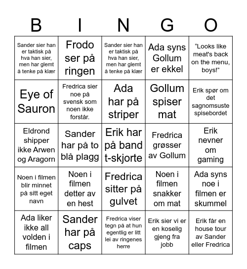 Bingo Baggins - Two Towers Bingo Card