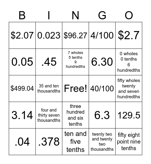Decimal BINGO Card