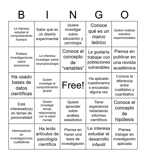 Metodología y Técnica de la investigación Psicológica Bingo Card