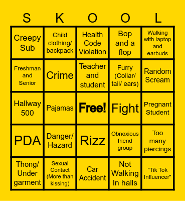 Avon Highschool Bingo Card