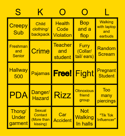 Avon Highschool Bingo Card