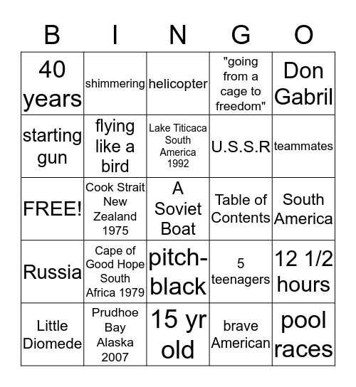 Free in the Sea Bingo Card