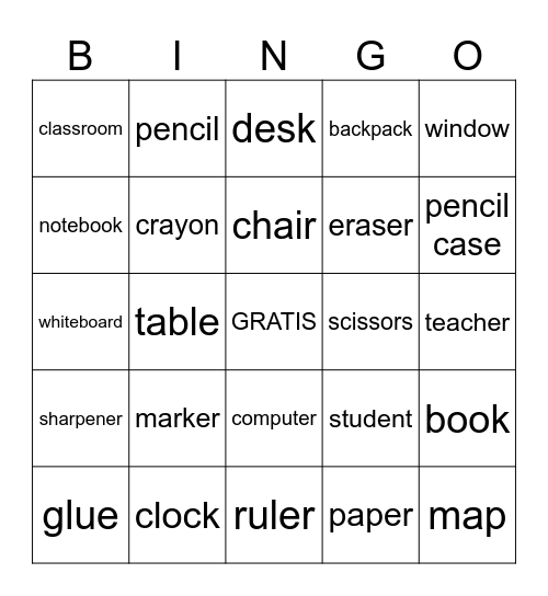 Classroom Objects Bingo Card