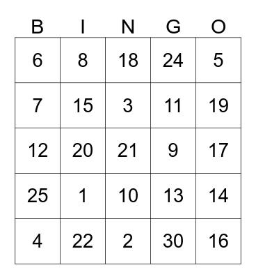 French numbers 1-30 Bingo Card