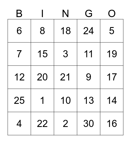 French numbers 1-30 Bingo Card