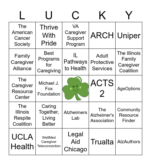 Caregiver Resource Bingo Card