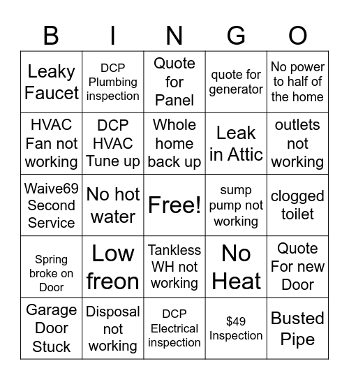 Plumbing & HVAC BINGO Card
