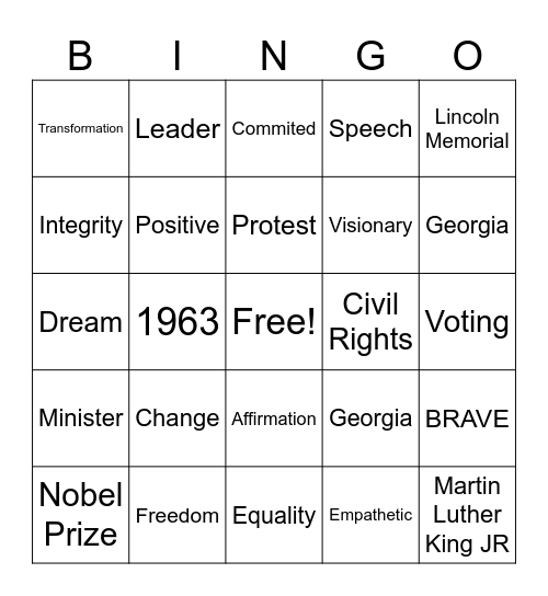 MLK JR. DAY Bingo Card