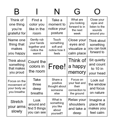 Mindfulness Bingo Card