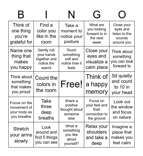 Mindfulness Bingo Card