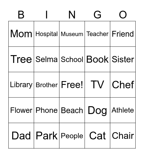 Nouns- Person, Place, Thing Bingo Card