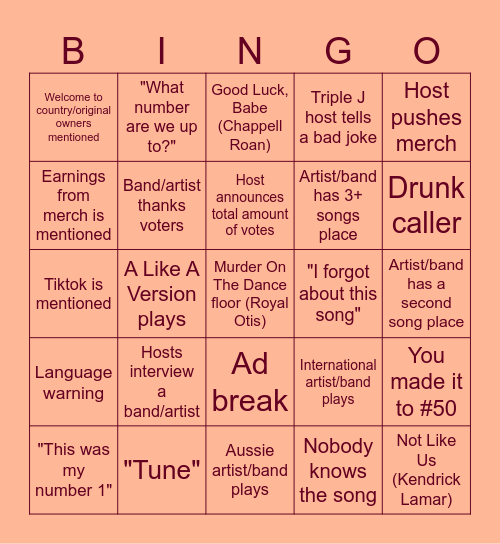 Triple J Hottest 100 Bingo Card