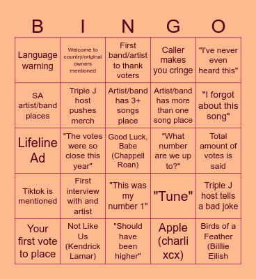 Triple J Hottest 100 Bingo Card