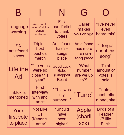 Triple J Hottest 100 Bingo Card