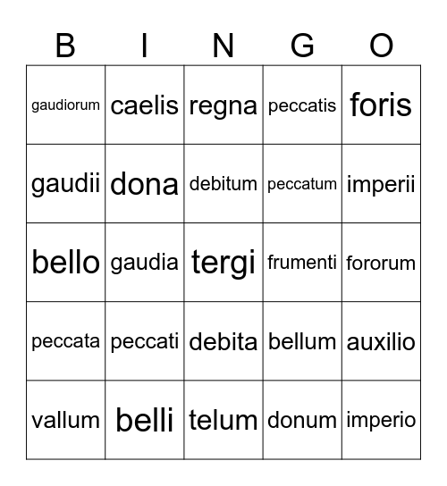 2nd Declension Neuter Nouns Bingo Card