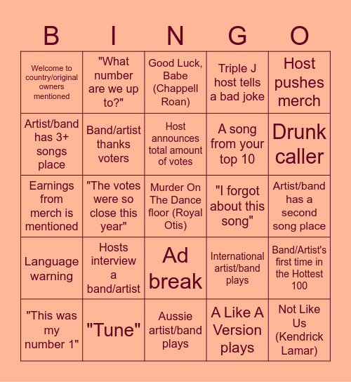 Triple J Hottest 100 Bingo Card