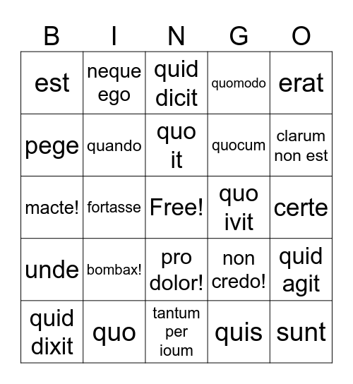 Spoken Latin Bingo Card