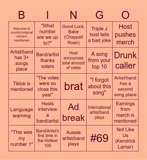 Triple J Hottest 100 Bingo Card